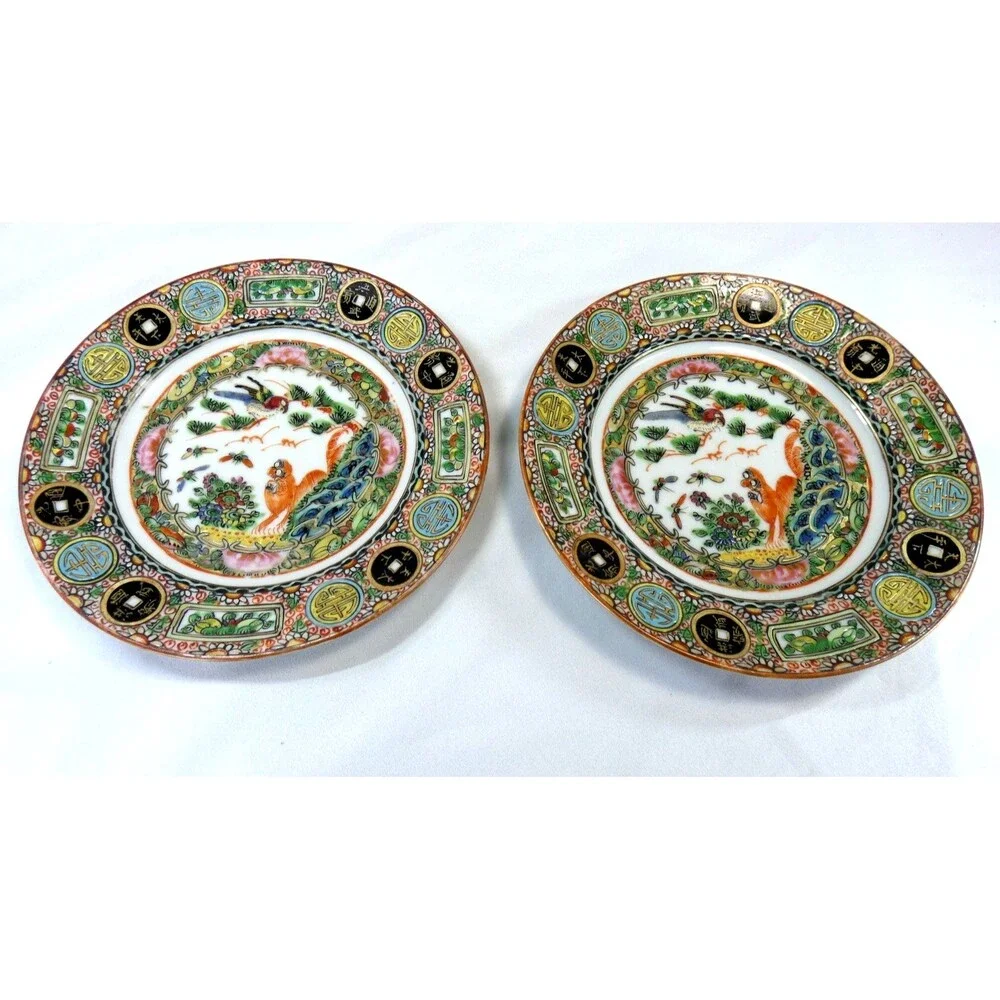 Pair of Antique Canton Famille Rose Porcelain Plates Hand‑Painted Excellent